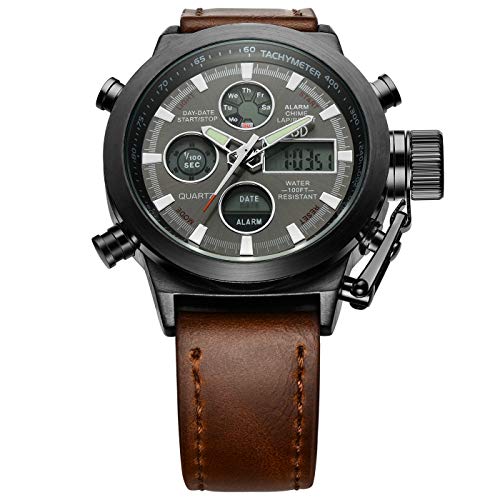 Tamlee Golden Hour Fashion Leather Men's Military Watch Waterproof Multifunctional Analog Digital Sports Watches for Men in Black