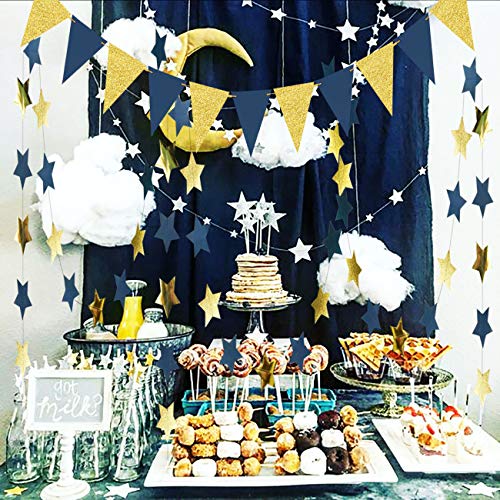 Furuix Outer Space Decorations Birthday Party Decorations Navy Gold Triangle Banner 2pcs Navy Blue Glitter Gold Paper Star Garlands