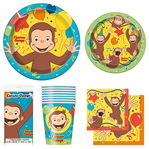 Unique Curious George Party Bundle | Luncheon & Beverage Napkins, Dinner & Dessert Plates, Table Cover, Cups | Great for