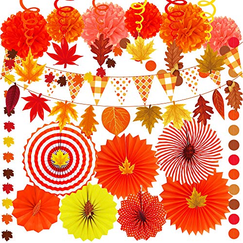 Supla 40 Pack Fall Party Decorations Set - Includes Autumn Hanging Paper Fans Pom Poms Fall Maple Leaves Party Swirls
