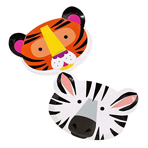 Talking Tables FACE Safari Jungle Zoo Animal Tiger Zebra Party Plates, Pack of 12, Width 23cm, 9", Orange, White And Black
