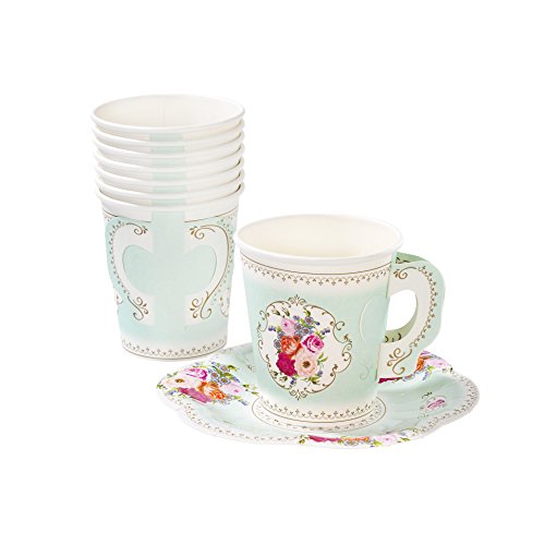 Talking Tables TS6-CUPSET Disposable Truly Scrumptious Party Vintage Floral Tea Cups And Saucer Sets, Mint Green