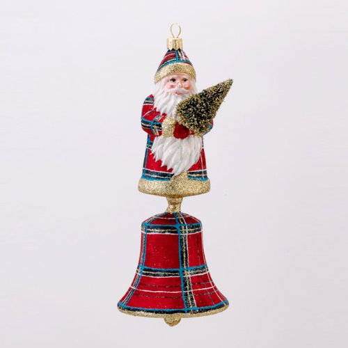 KSA 8" David Strand Designs Glass Santa Bell Stewart Plaid Christmas Ornament