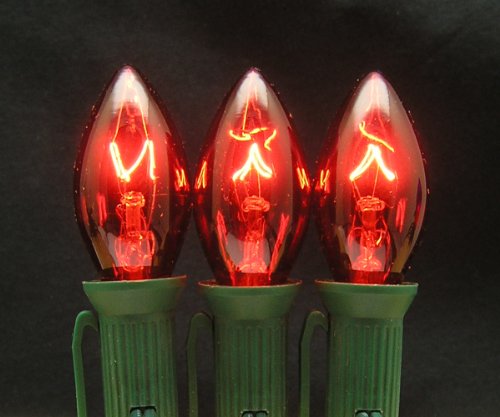 Light Bulbs International 7 Watt C7 Transparent Outdoor Twinkle or Blinking Replacement Christmas Bulbs, 25 Pack (Red)