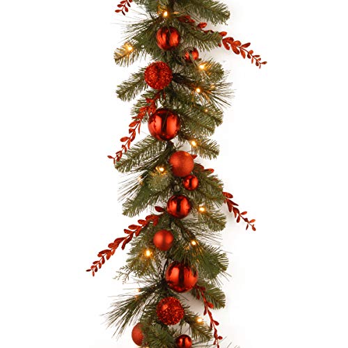 National Tree Company National Tree 9 Foot by 12 Inch Decorative Collection Christmas Red Mixed Garland with Sprigs, Ball Ornaments and 50 Battery