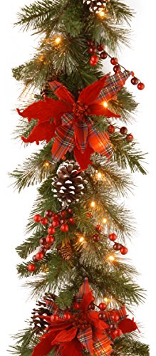 National Tree Company National Tree 9 Foot by 12 Inch Decorative Collection Tartan Plaid Garland with Red Berries, Cloth Poinsettia, Cones and 50