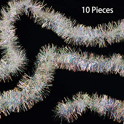 BBTO 10 Pieces 66ft White Iridescent Tinsel Garland Christmas Tinsel Garland Shiny Hanging Decorations for Christmas Tree