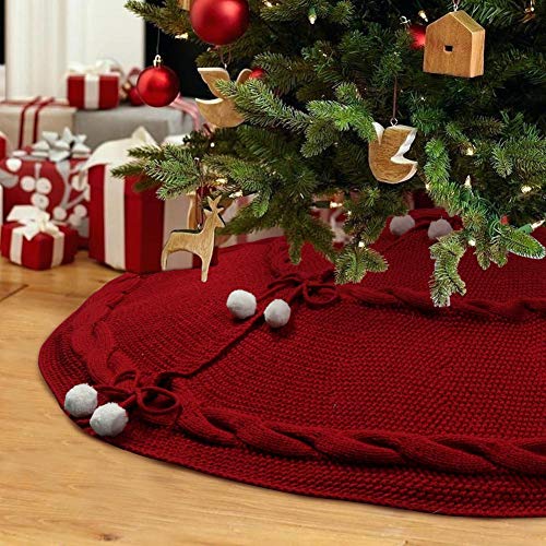 OurWarm Knitted Christmas Tree Skirt, 48 Inch Large Red Tree Skirt for Christmas Decorations Holiday Luxury Thick Tree Xmas