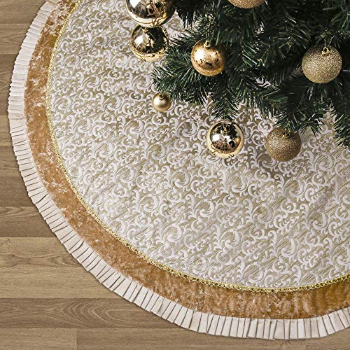 Valery Madelyn 48 inch Luxury Gold Christmas Tree Skirt with Baroque Patterns and Ruffle Trim, Themed with Christmas