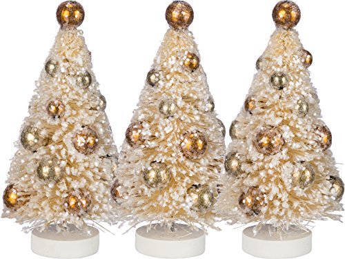 Primitives By Kathy 4 Inches Tall Bristle Mica Plastic Box Sisal Christmas Trees with Copper Gold and Silver Home Decor