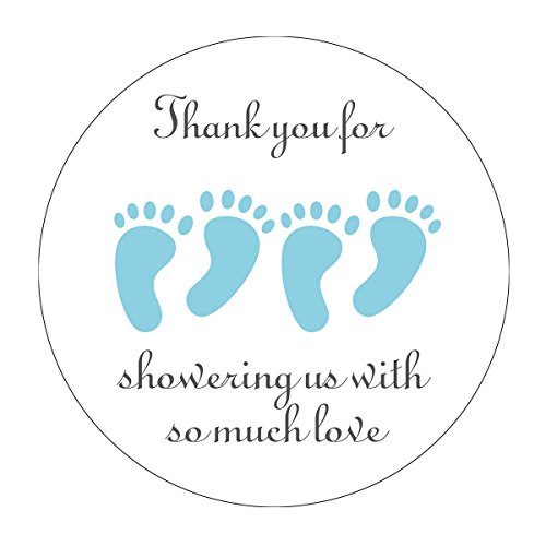 MAGJUCHE Blue It's Twins Thank You for Coming Baby Shower Stickers, Two Boys Little Feet Party Favor Stickers, 2 Inch, 40-Pack