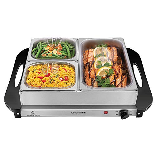 Chefman Electric Buffet Server + Warming Tray w/Adjustable Temperature & 3 Chafing Dishes, Hot Plate Perfect for Holidays,