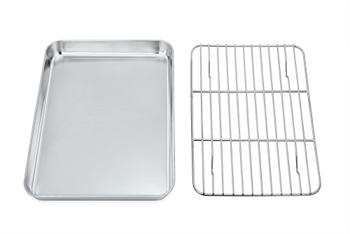 P&P Chef Toaster Oven Tray and Rack Set,P&P CHEF Stainless Steel Broiler Baking Pan with Cooling Rack, Rectangle 10.5''x8''x1'', Non