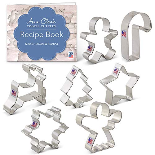 Ann Clark Cookie Cutters 7-Piece Christmas Cookie Cutter Set with Recipe Booklet, Snowflake, Star, Christmas Tree,