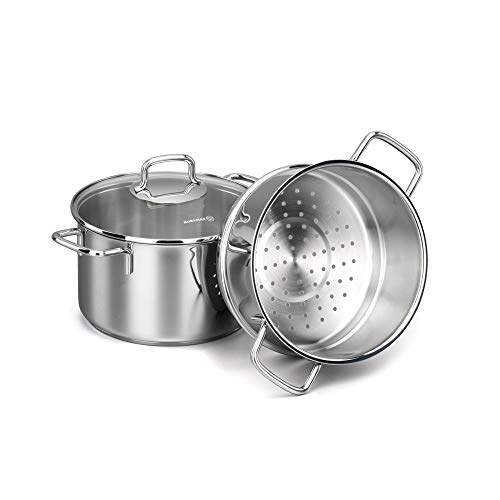Korkmaz Perla Stainless Steel Steamer Cooking Pot Cooker Double Boiler  Stack Insert with Glass Lid, 4-Quart, a1521