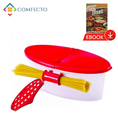 COMFECTO Microwave Pasta Cooker with Strainer, Food Grade Heat Resistant Pasta Boat Vegetable Steamer Spaghetti Noodle Cooker with