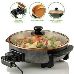 OVENTE Electric Skillet with Non-Stick Aluminum Body, 12 Inch, 1400-Watts, Temperature Controller, Tempered Glass Cover,