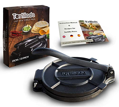Tortillada - Premium Cast Iron Tortilla Press with Recipes (10 Inch) / Biggest Tortilla Press in the Market