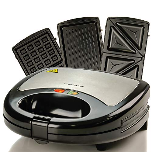 OVENTE GPI302B 3-in-1 Electric Sandwich Maker with Detachable Non-Stick Waffle and Grill Plates, 750-Watts, LED Indicator