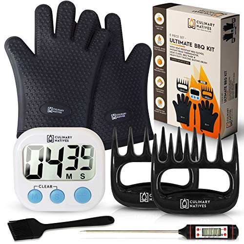 Culinary Natives | BBQ Gloves, Pulled Pork Shredder Claws, Meat Thermometer, Timer | Quilted Gloves (with Heat-Resistant