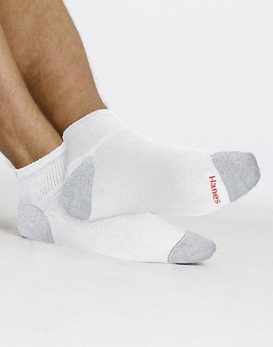 Hanes Full Cushion 6-Pack Ankle Socks with Grey Heel and Toe, Large-White