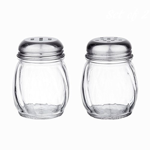 Tezzorio (Set of 2) 6-Ounces Glass Cheese and Spice Shakers with Stainless Steel Perforated and Slotted Caps, Swirl Retro Style Jar