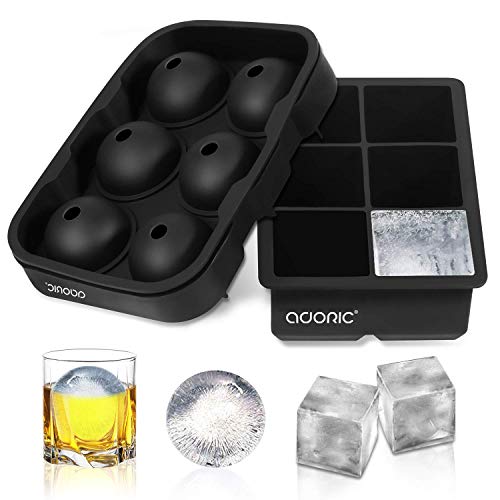 Adoric Ice Cube Trays Silicone Set of 2, Sphere Ice Ball Maker with Lid and Large Square Ice Cube Molds for Whiskey, Reusable