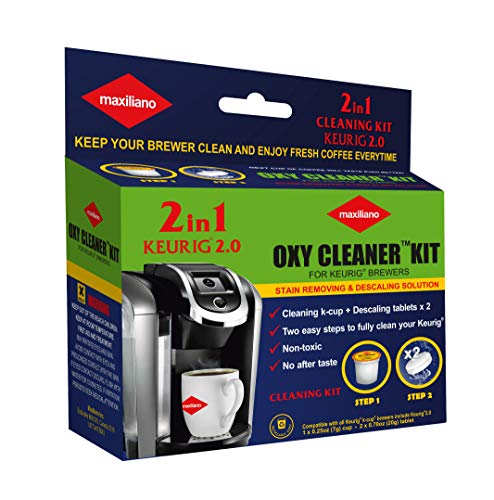 Maxiliano Oxy Cleaner Kit 2 in 1 Professional Descaling For All K-Cup Keurig 2.0 Brewers, Biodegradable, Full Cycle Cleaning