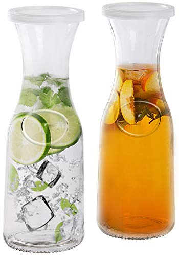 Estilo EST2095 Glass Beverage Pitcher Carafe with Plastic Lids, Narrow Neck Design, 1 Liter (33oz) Set of 2, Clear
