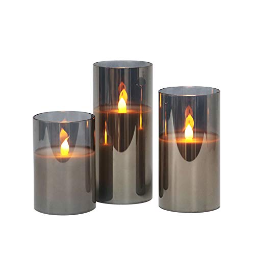 Rhytsing Gray Glass Battery Operated Flameless Led Candles with Timer, Warm White Flickering Light, Batteries Included - Set of 3