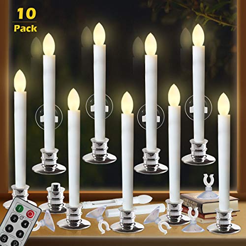 CelebrationLight Window Candles with Remote Timers Battery Operated Flickering Flameless Led Electric Candle Lights with 10pcs Silver Base and