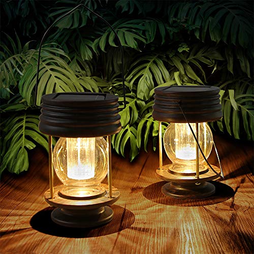 pearlstar Hanging Solar Lights Outdoor - 2 Pack Solar Powered Waterproof Landscape Lanterns with Retro Design for Patio,