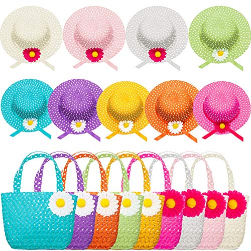 Zhanmai 9 Sets Girls Tea Party Hats Purse Daisy Flower Sun Straw Hat and Purse Sets Includes 9 Purses 9 Daisy Flower Sunhats