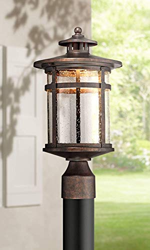 Franklin Iron Works Callaway Mission Post Light Fixture LED Bronze 15 1/2" Seeded Glass for Deck Garden Yard - Franklin Iron Works
