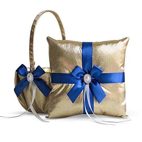 Alex Emotions Gold & Royal Blue Wedding Ring Bearer Pillow and Flower Girl Basket Set - Satin &Ribbons - Pairs Well with Most
