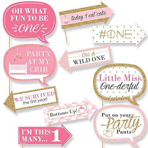 Big Dot of Happiness Funny 1st Birthday Girl - Fun to be One - First Birthday Party Photo Booth Props Kit - 10 Piece