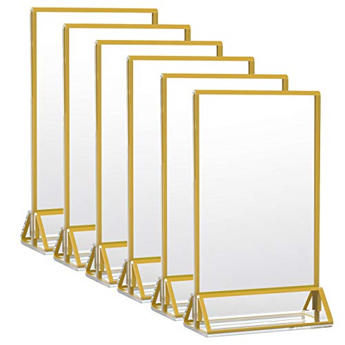 hiimiei Acrylic Gold Sign Holder, 5x7 Gold Acrylic Picture Frames Clear Double Sided Menu Holder for Wedding Table Number 6 Pack