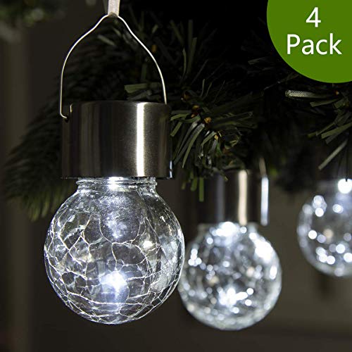 GIGALUMI 4 Pack Hanging Solar Lights, White LED Solar Crackle Globe Hanging Lights Waterproof Outdoor Solar Lanterns with