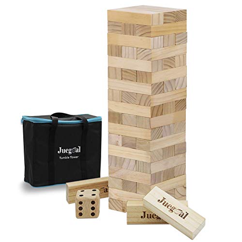 Juegoal 54 Pieces Giant Tumble Tower Blocks Game Giant Toppling Tower Wood Stacking Game with 1 Dice Set Canvas Bag for