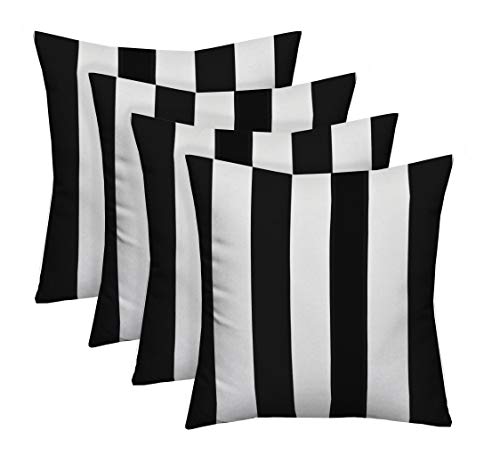 Resort Spa Home Decor Set of 4 Indoor/Outdoor Square Decorative Throw/Toss Pillows Black and White Stripe Fabric Choose Size