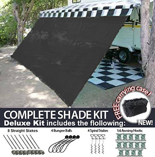 Professional EZ Travel Collection RV Awning Shade Motorhome Patio Sun Screen Complete Deluxe Kit (Black) (10'x12')