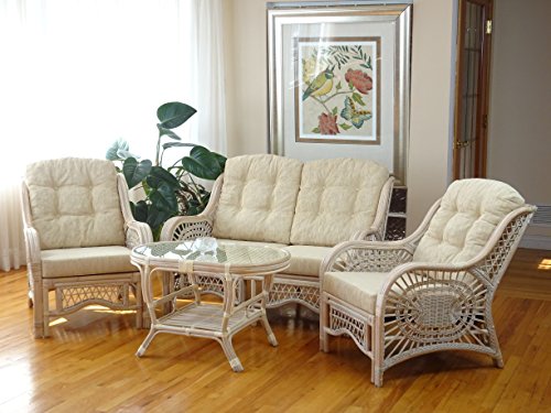 Rattan Wicker Furniture Malibu Lounge Set of 4: 2 Natural Rattan Wicker Chairs, Loveseat with Cream Cushion and Coffee Table w/Glass Handmade, White