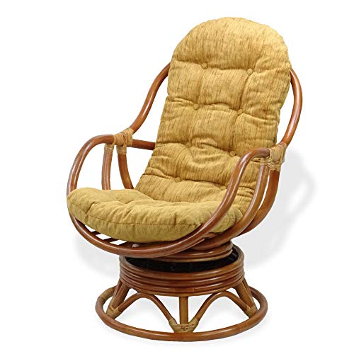 SunBear Furniture Lounge Swivel Rocking Bali Chair Natural Rattan Wicker with Light Brown Cushion, Cognac