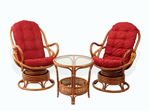 SunBear Furniture Lounge Set of 2 Swivel Rocking Java Chairs Natural Rattan Wicker Handmade with Burgundy Cushion and Round Coffee Table, Cognac