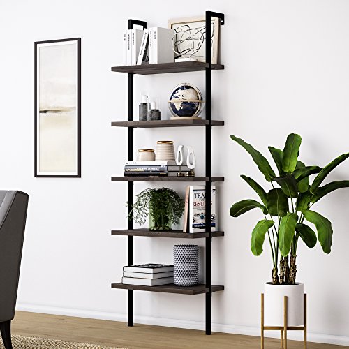Nathan James 65501 Theo 5-Shelf Wood Ladder Bookcase with Metal Frame, Dark Walnut Brown/Black