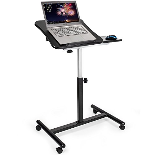 Tatkraft Vanessa Adjustable Laptop Stand with Wheels, Rolling Ergonomic Table with Mouse Pad, Black