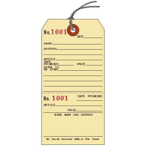 Linco Repair Tags, 5-1/4" x 2-5/8", Manila Cardstock with Stub, Strung, Consecutively Numbered, Pack of 250