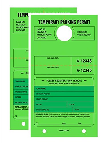 Linco TEMPORARY PARKING PERMIT - Mirror Hang Tags, Numbered with Tear-Off Stub, 7-3/4" x 4-1/4", Bright Fluorescent Green, 50 Per