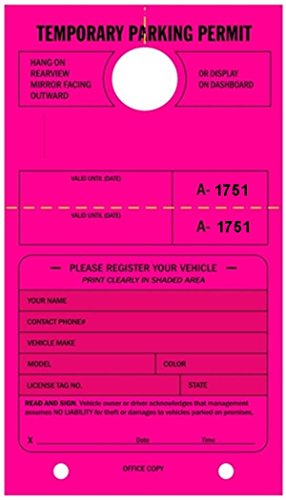 Linco Temporary Parking Permit - Mirror Hang Tags, Numbered with Tear-Off Stub, 7-3/4" x 4-1/4", Bright Fluorescent Pink - Pack of