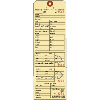 Linco Alteration Tags, 9-3/8" x 3-1/8", Manila with Button Slots, Consecutively Numbered - 50 TAGS